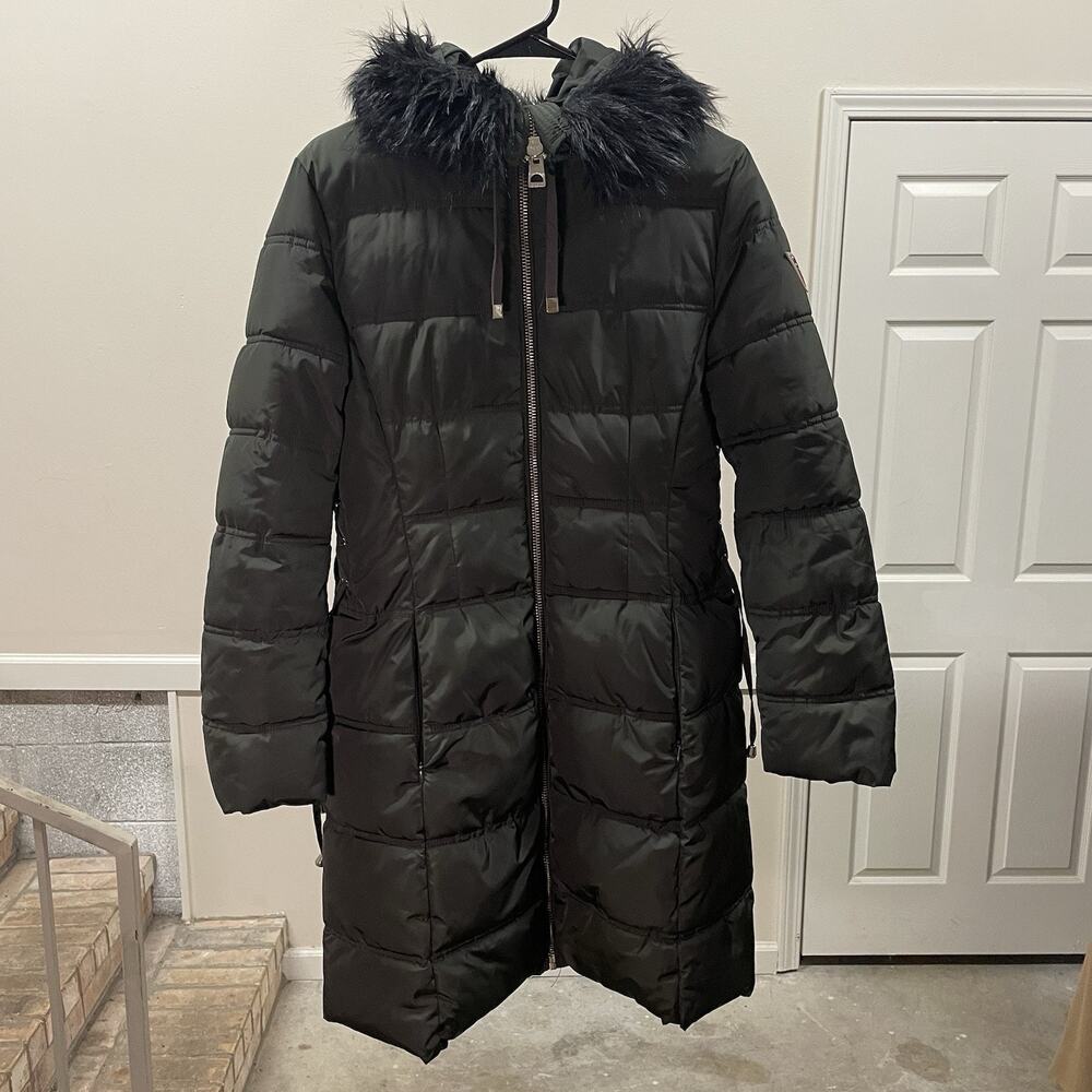 GUESS Puffer Coat Dark Green Women’s Medium Long Hooded Faux Fur Winter NWOT - Picture 1 of 14